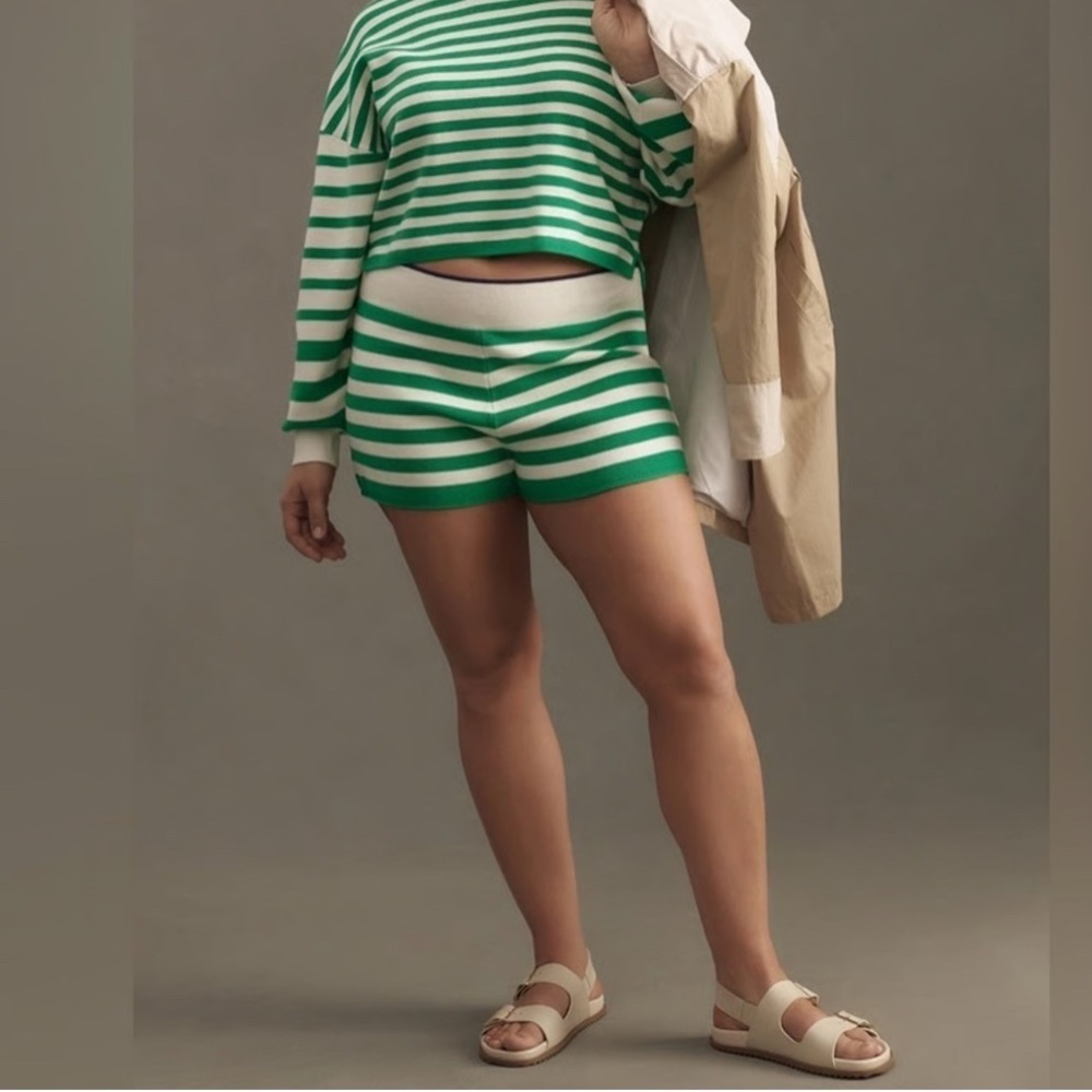 Daily Practice Anthropologie Green White Striped Shorts Tight Knit Cotton: XL